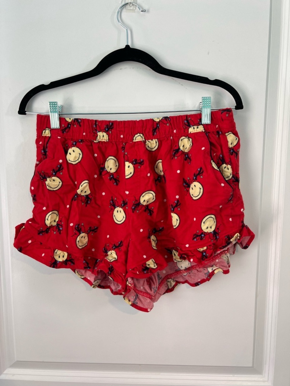Aerie Smiley® Flannel Pajama Shirt + Ruffle Shorts Holiday Red Christmas PJ Set - Picture 8 of 13